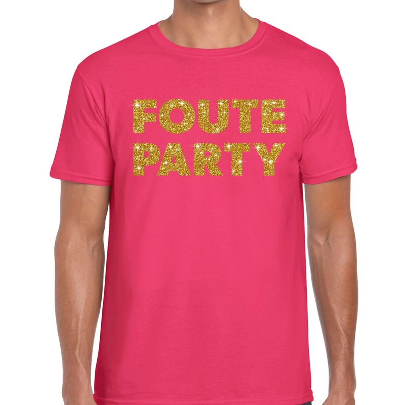Foute Party gouden glitter tekst t-shirt roze heren