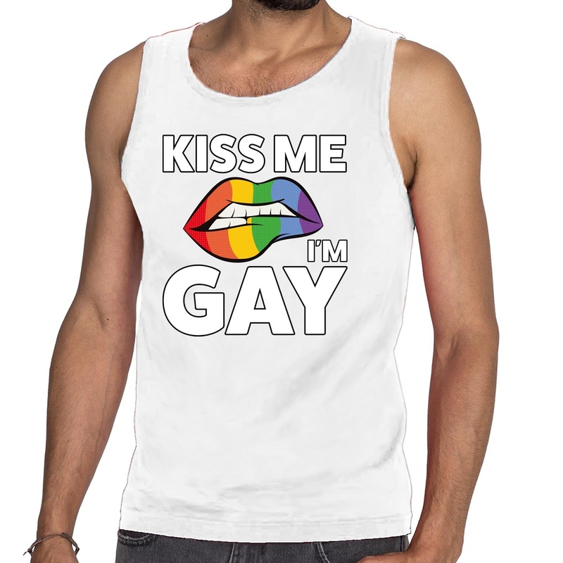 Kiss me i am gay tanktop - mouwloos shirt wit voor heren