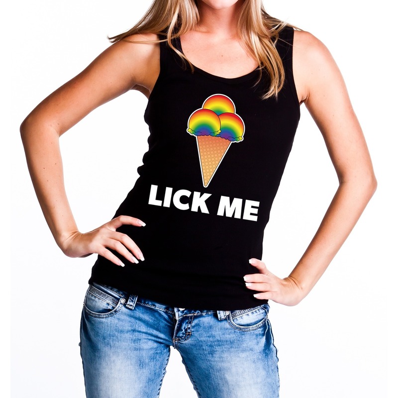 Lick me gaypride tanktop/mouwloos shirt zwart voor dames