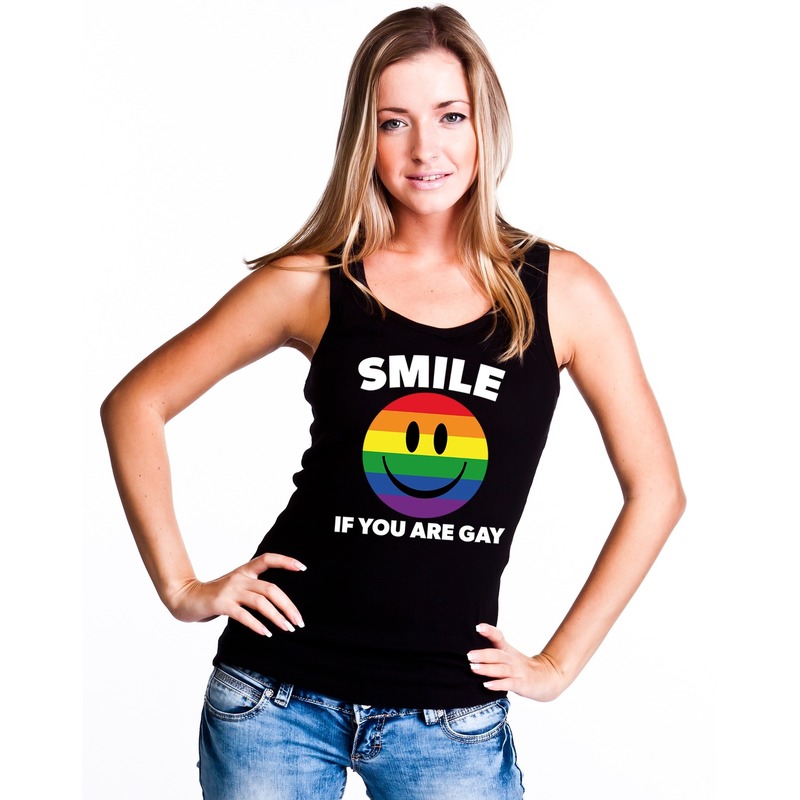 Smile if you are gay emoticon tanktop/ singlet shirt zwart dames