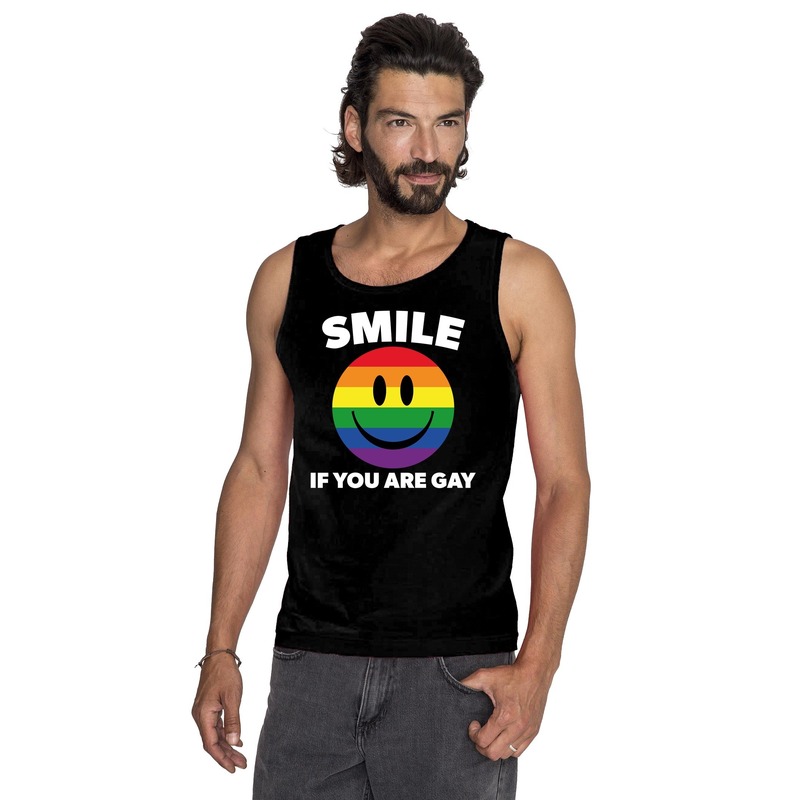Smile if you are gay emoticon tanktop/ singlet shirt zwart heren