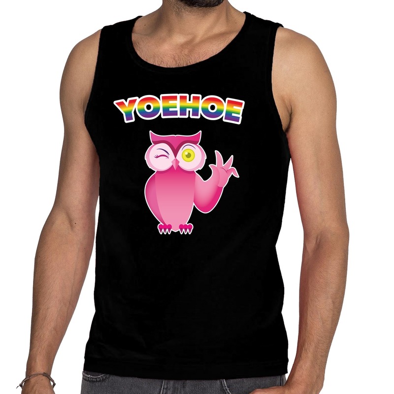 Yoehoe gay pride tanktop met roze knipogende uil zwart heren