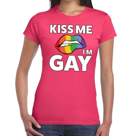 Kiss me I am gay t-shirt roze dames