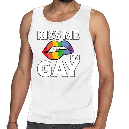Kiss me i am gay tanktop / mouwloos shirt wit voor heren