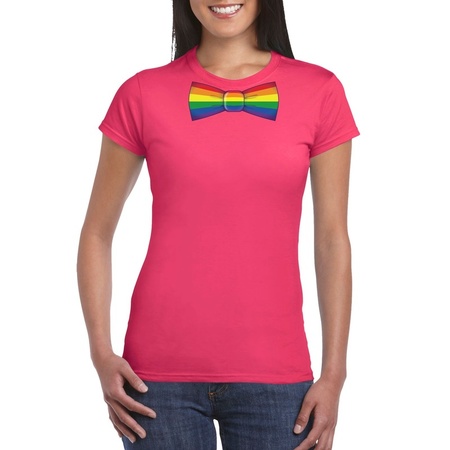 Pink t-shirt with Rainbow flag bow tie women